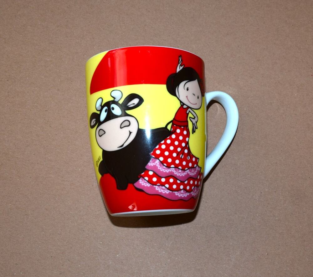 NICI Flamenco Girl & Bull Porcelain Coffee Mug Spain Theme Red Yellow Cup Rare!